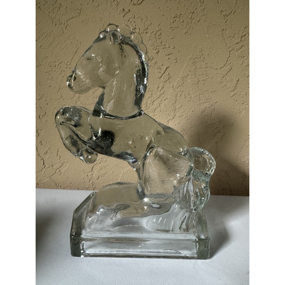 Vintage Clear Glass Rearing Horse Sculpture Figurine Bookend Equestrian LE Smith